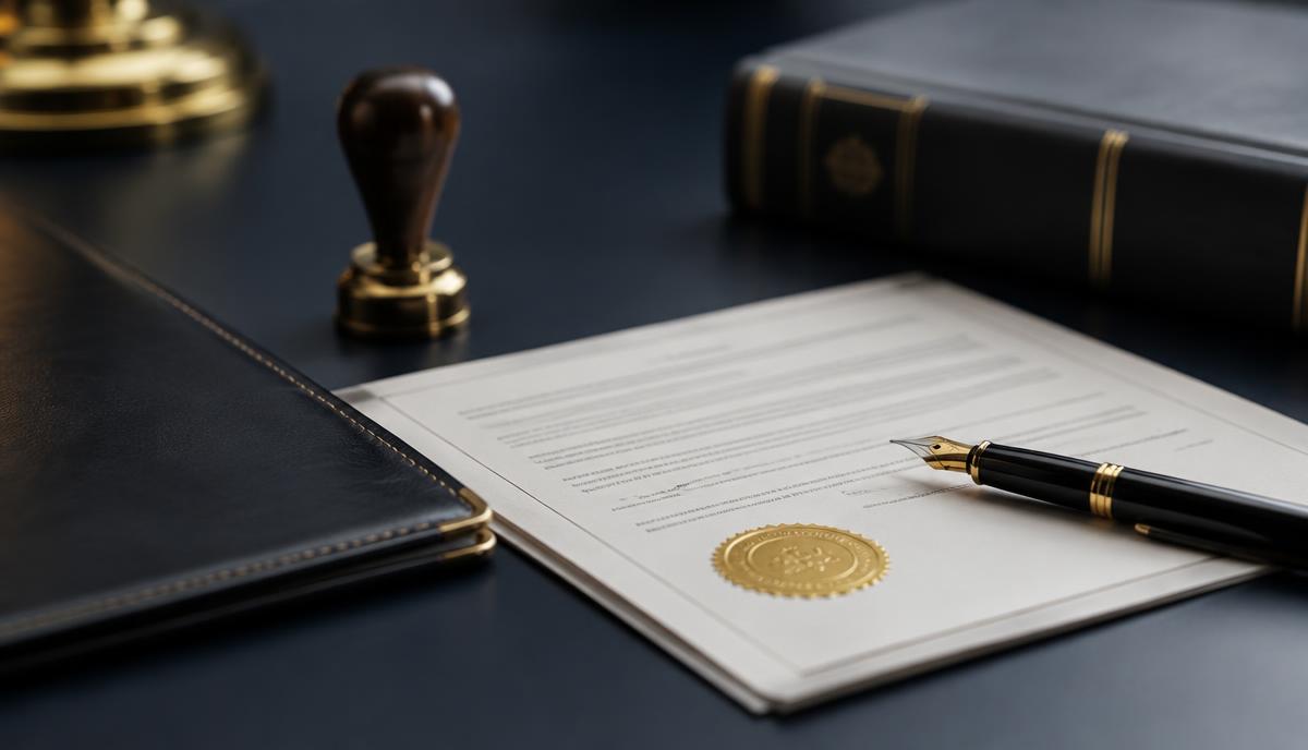 Corporate documents with company seal and pen on a desk