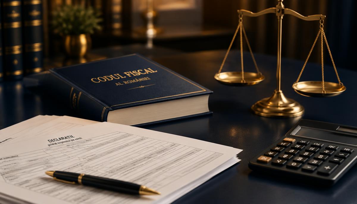 Romanian Tax Code, tax return form, calculator and scales of justice